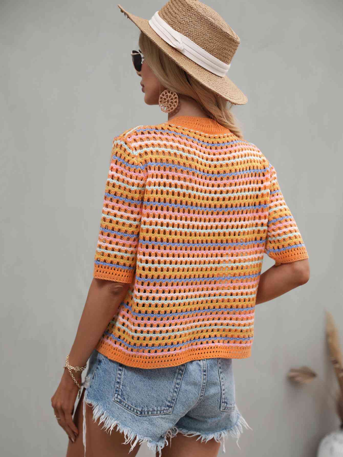 Striped Crochet Half Sleeve Knit Top