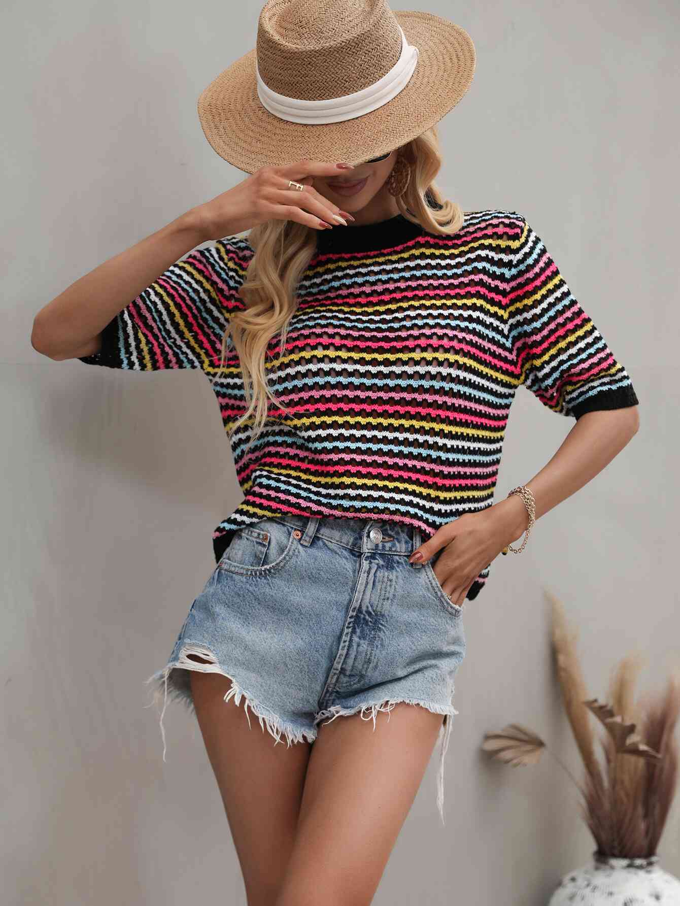 Striped Crochet Half Sleeve Knit Top