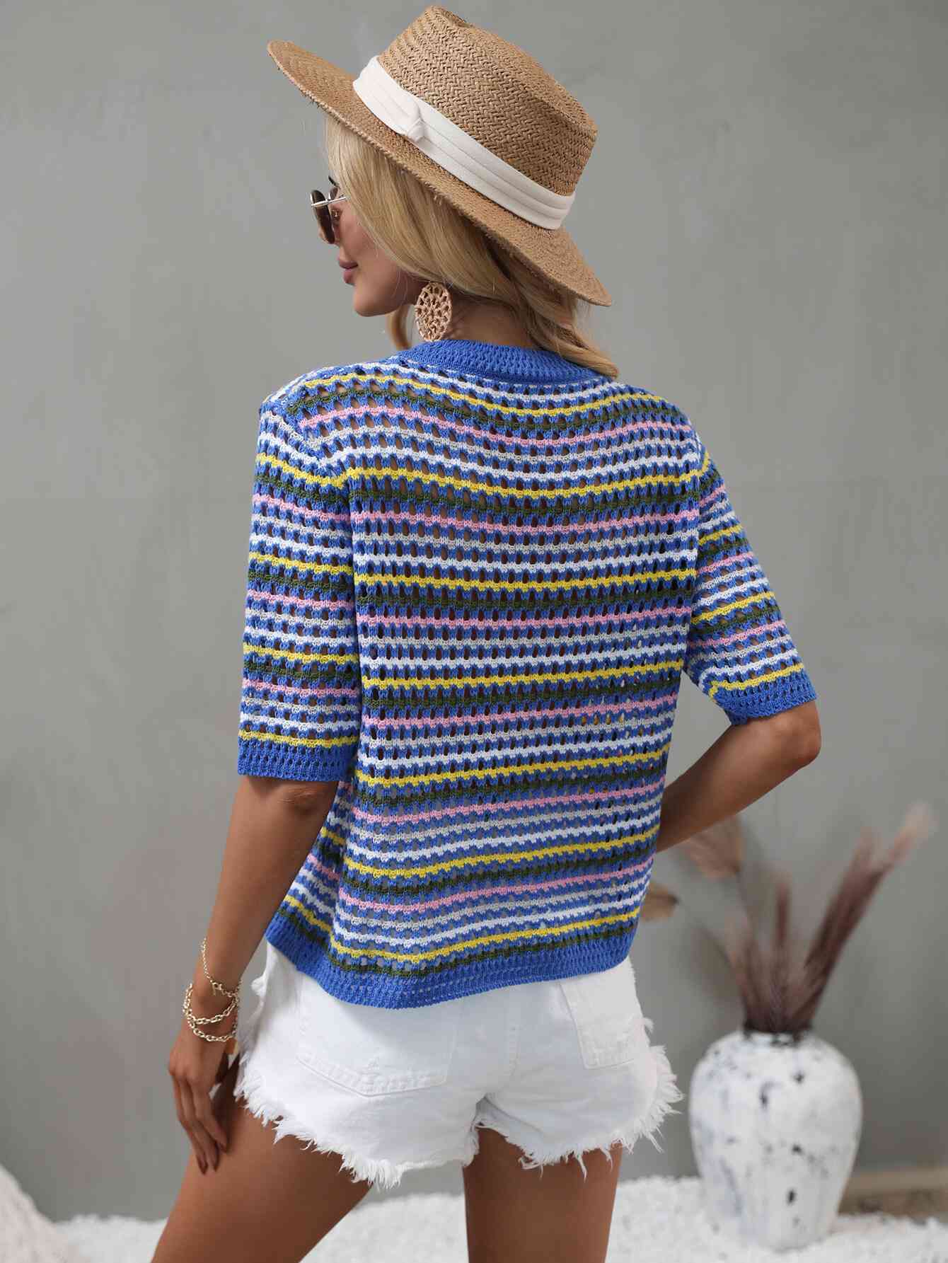 Striped Crochet Half Sleeve Knit Top