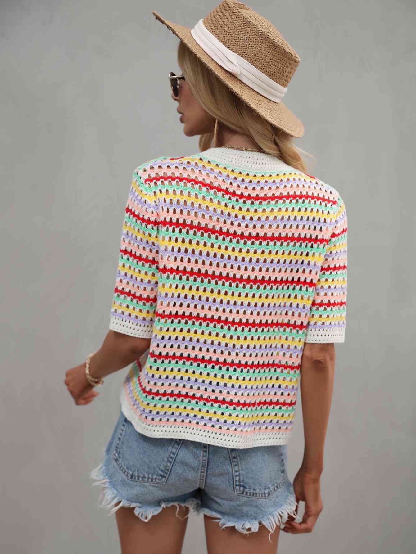 Striped Crochet Half Sleeve Knit Top